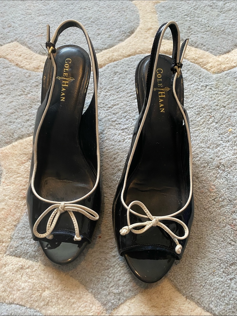 Cole Haan Black Patent Slingback Peep-Toe Pumps with White Trim and Bow